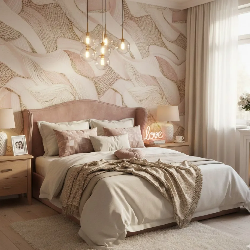 Romantic wallpaper bedroom design focused on comfort, warmth, and intimate love-inspired decor.