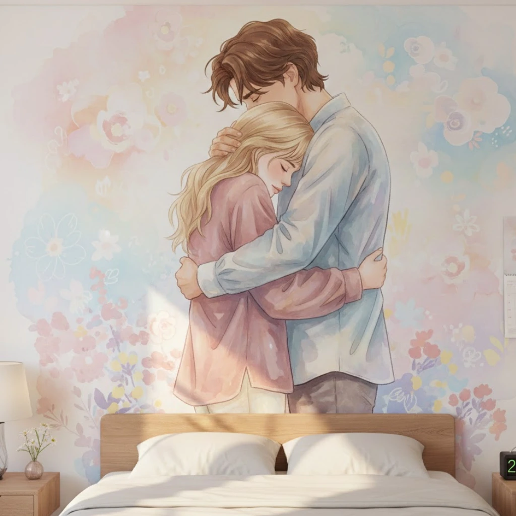 Romantic wallpaper couple hug design symbolizing warmth, intimacy, and emotional connection.