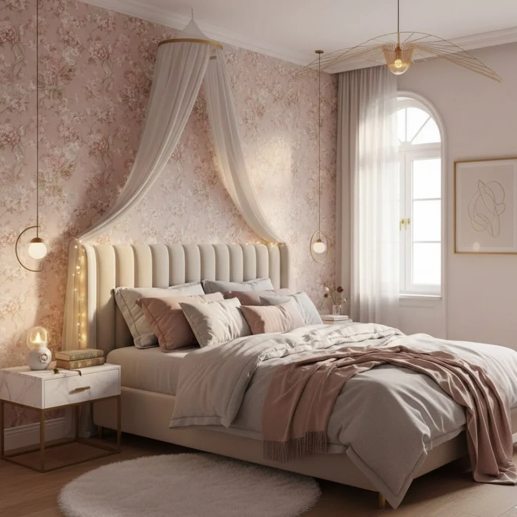 Romantic wallpapers creating a cozy love nest bedroom with warm lighting and aesthetic decor.