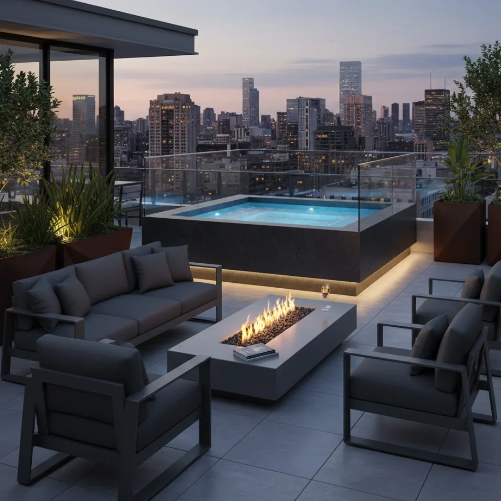 Rooftop-inspired outdoor jacuzzi design with modern urban backyard styling