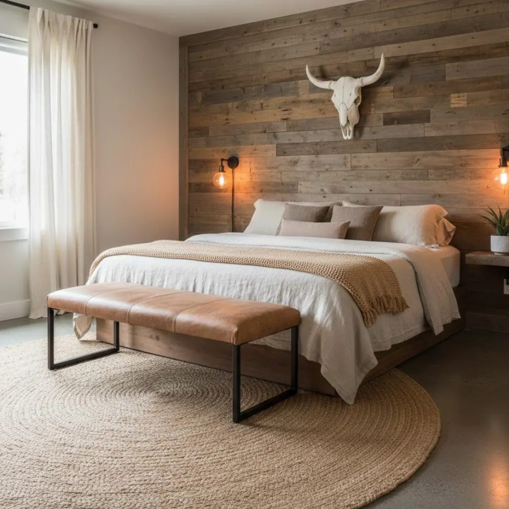 Rustic modern cowgirl bedroom with reclaimed wood furniture and warm western textures.