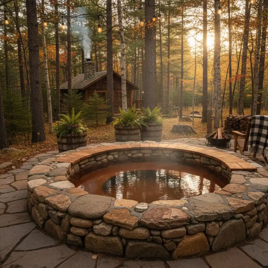 Rustic outdoor jacuzzi featuring natural stone and warm wood details