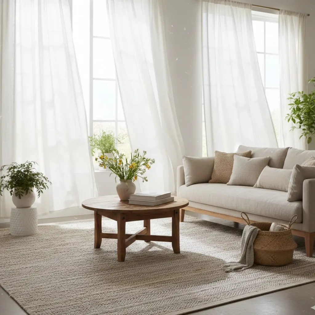 Sheer curtains and light rug creating an airy spring-ready room.