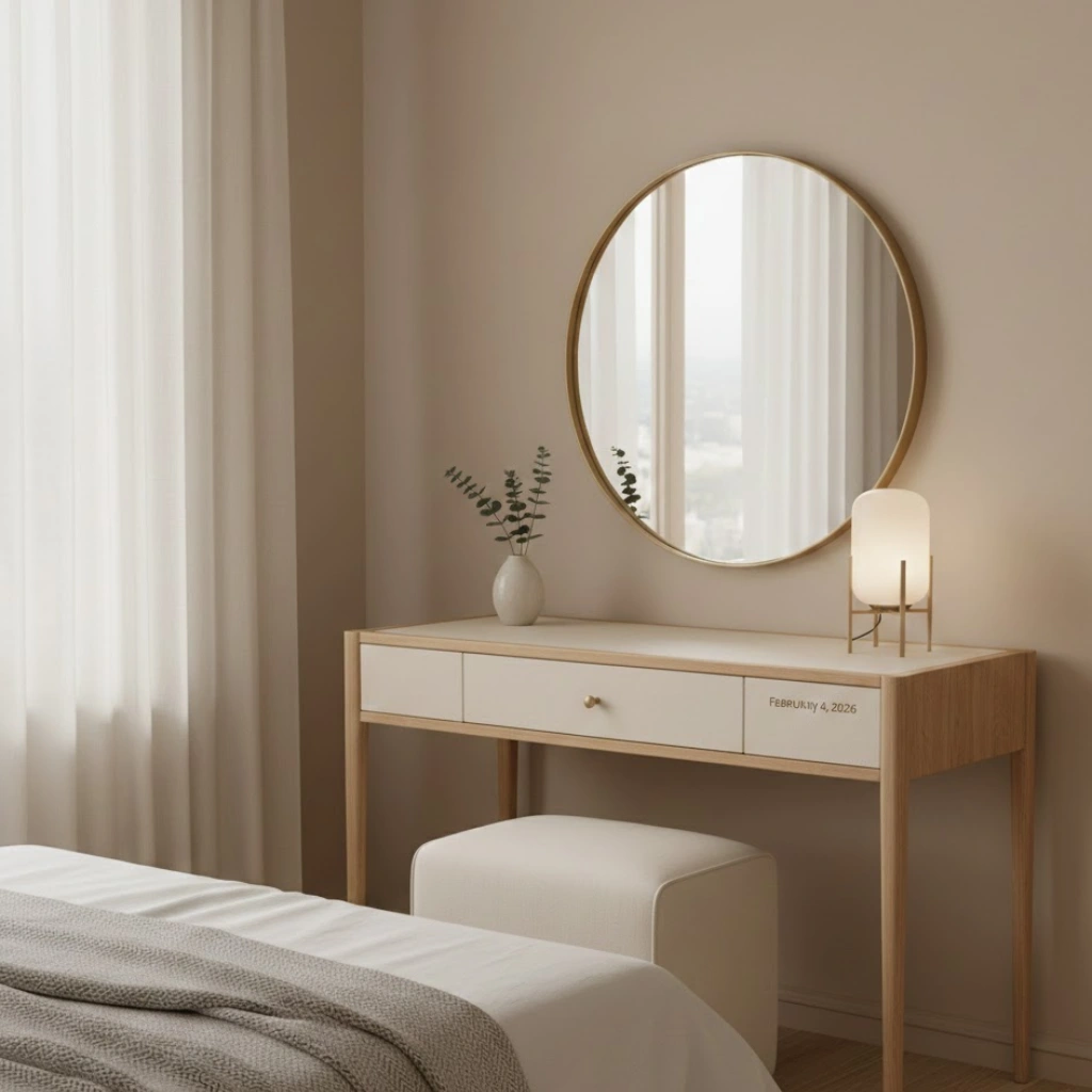 Simple and elegant dressing table idea with minimalist design and neutral tones.