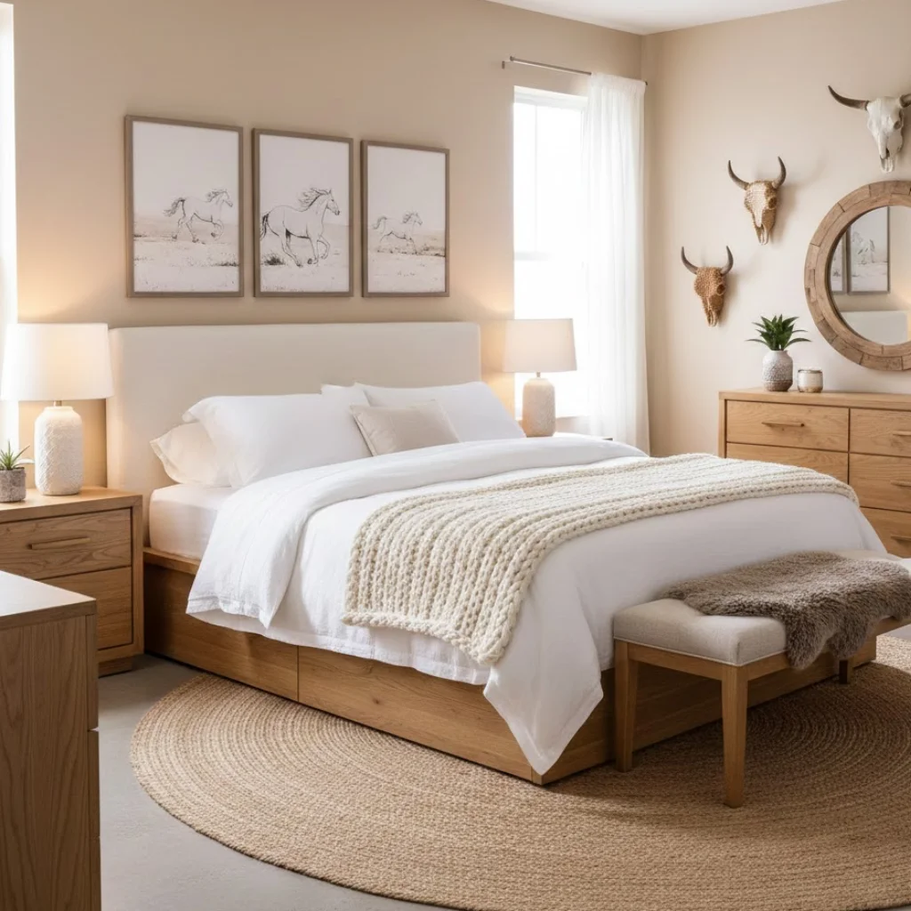 Simple cowgirl bedroom with basic western decor and a clean modern look.