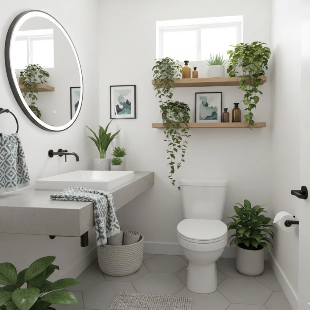 Small bathroom decorated with plants, art, and patterned textiles for a lively and stylish look.