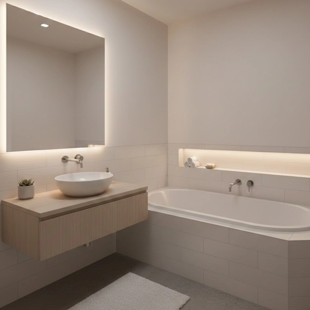 Small bathroom featuring a compact soaking tub with built-in storage, creating a cozy and elegant space