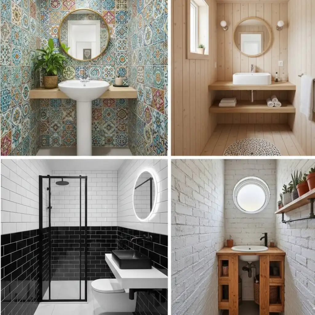 Small bathroom inspirations from around the world, including Indian, Scandinavian, and black-and-white modern designs.