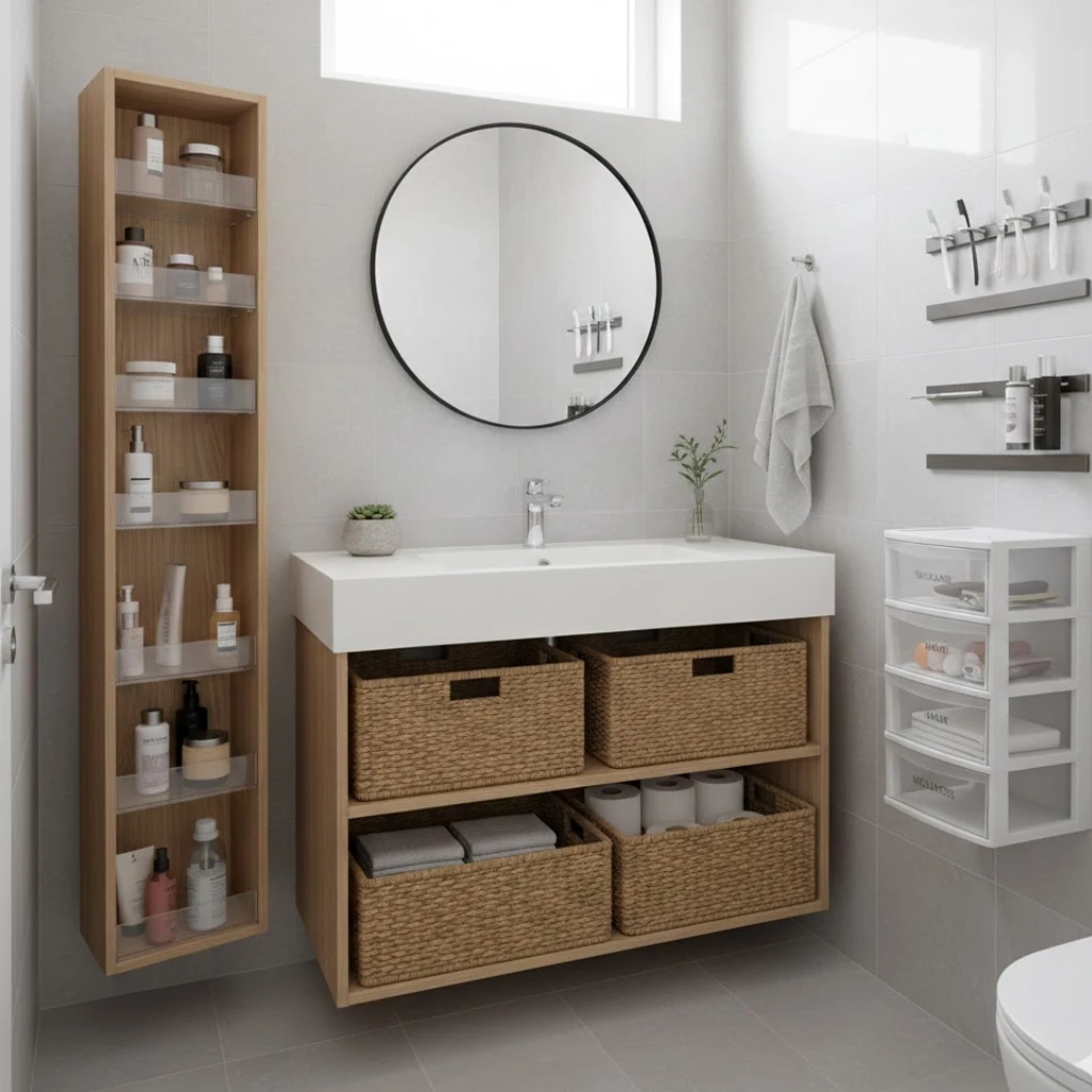 Small bathroom showcasing innovative storage solutions like pull-out cabinets, magnetic strips, and under-sink baskets