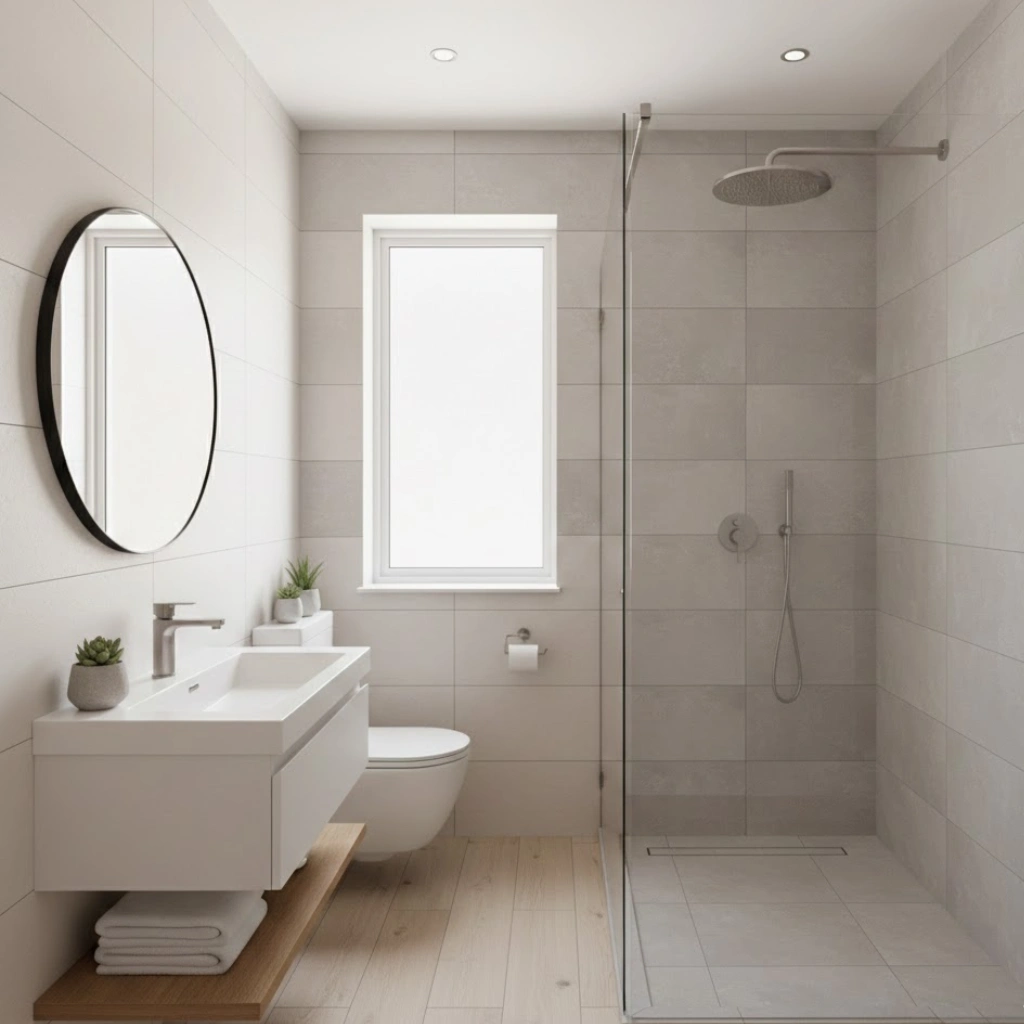 Small bathroom with a walk-in glass shower and rainfall showerhead, maximizing space and style.