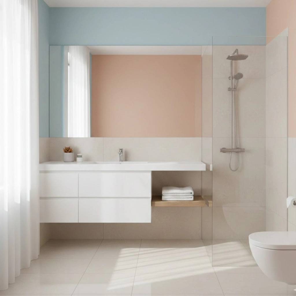 Small bathroom with light-colored tiles and a large mirror to make the space feel larger and brighter.