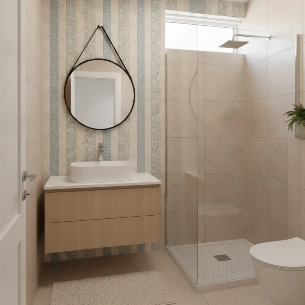 Small bathroom with vertical striped wallpaper accent wall adding style and visual height to the space.