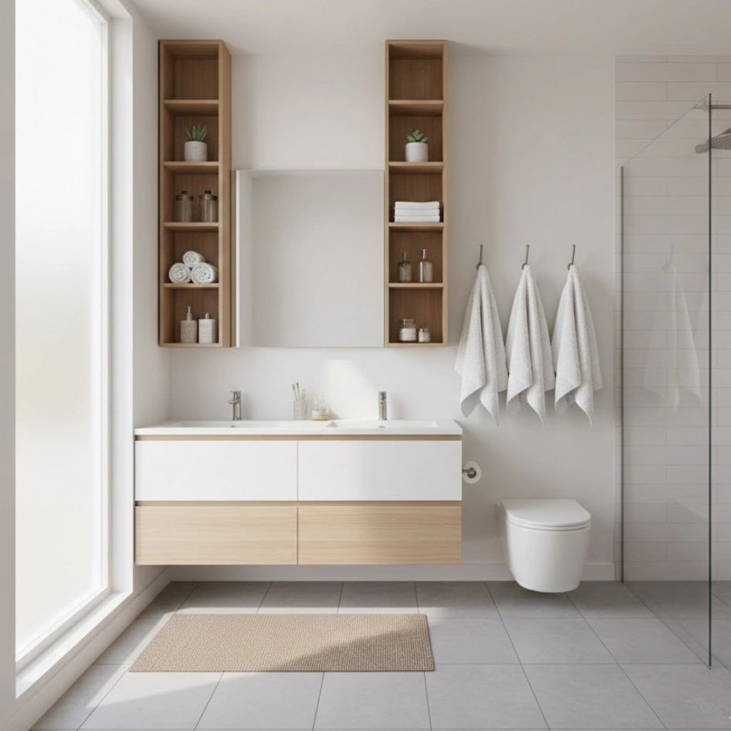 Small bathroom with vertical wall-mounted shelves and hooks, maximizing storage in limited space