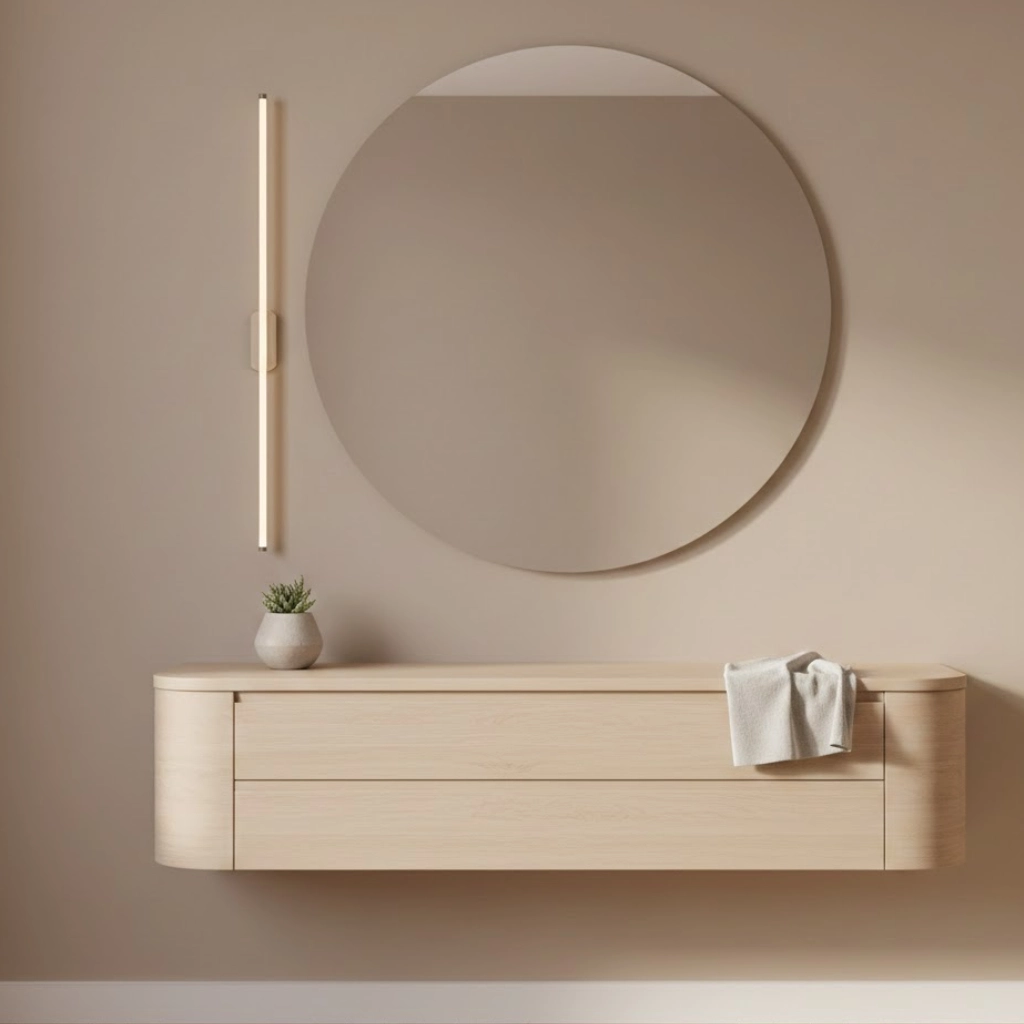 Small bedroom dressing table idea featuring a compact wall-mounted design.