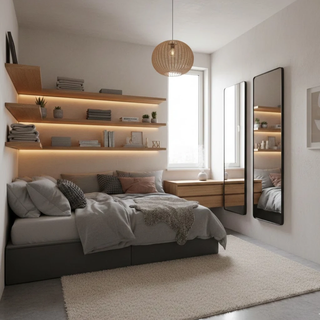 Small cosy bedroom with vertical storage, mirrors, grey bed, and minimalist décor for a spacious and warm feel