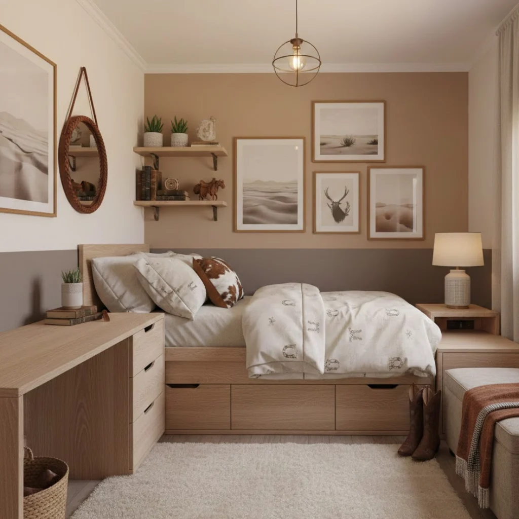 Small cowgirl bedroom designed with smart storage and modern western style.