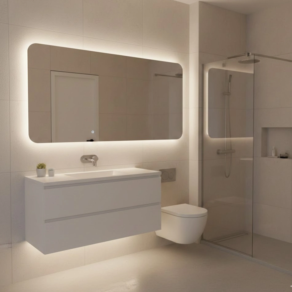 Small modern bathroom featuring a floating vanity, minimalist fixtures, and sleek contemporary design.