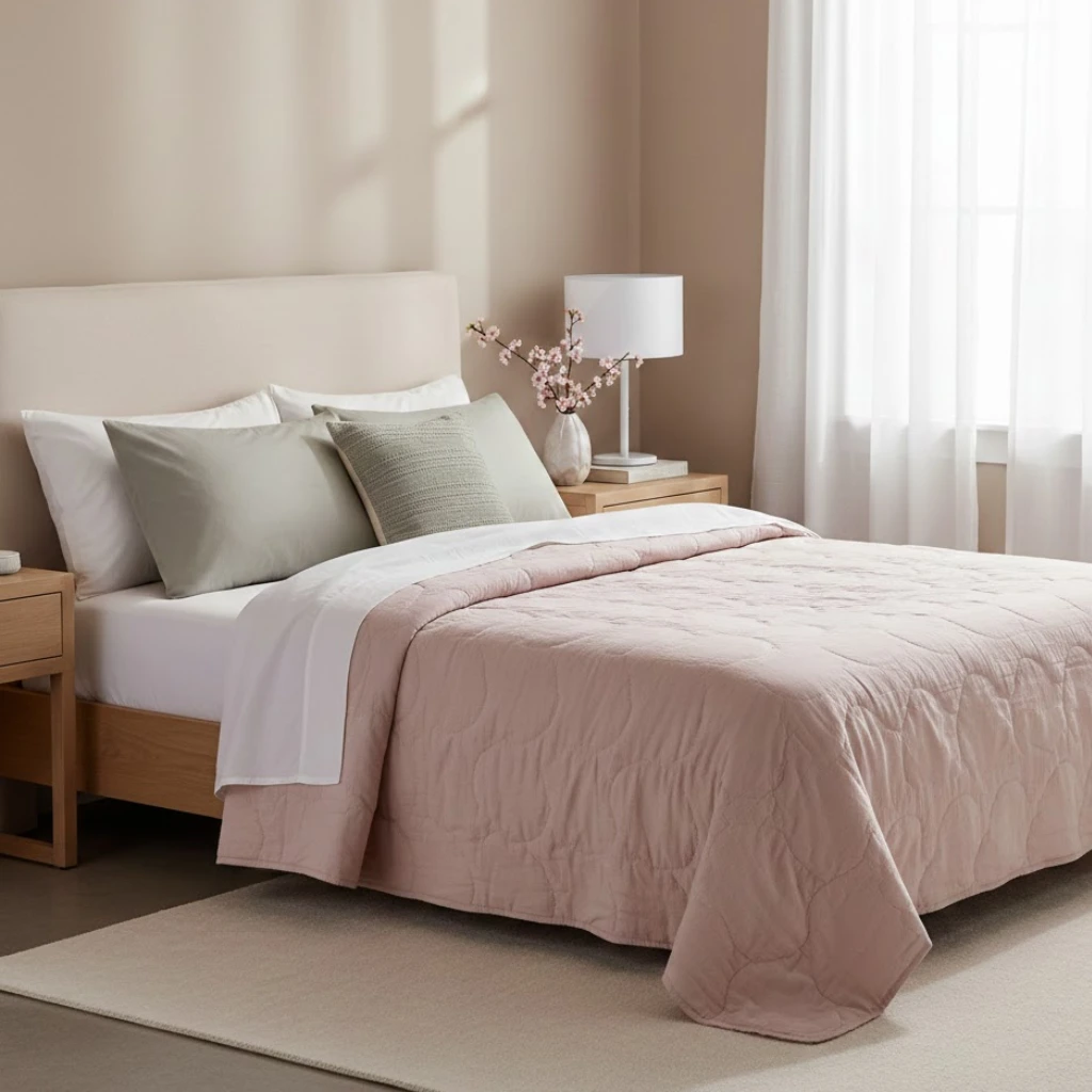 Lightweight spring bedding replacing heavy winter blankets.