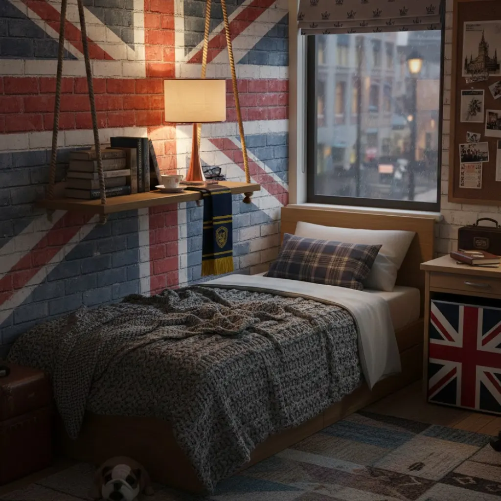 Smart dorm room idea using a hanging bedside shelf for small spaces