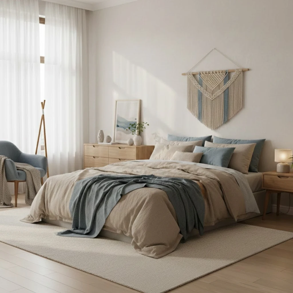Soft color palette bedroom featuring cozy bedroom ideas aesthetic blue with calming and warm tones.