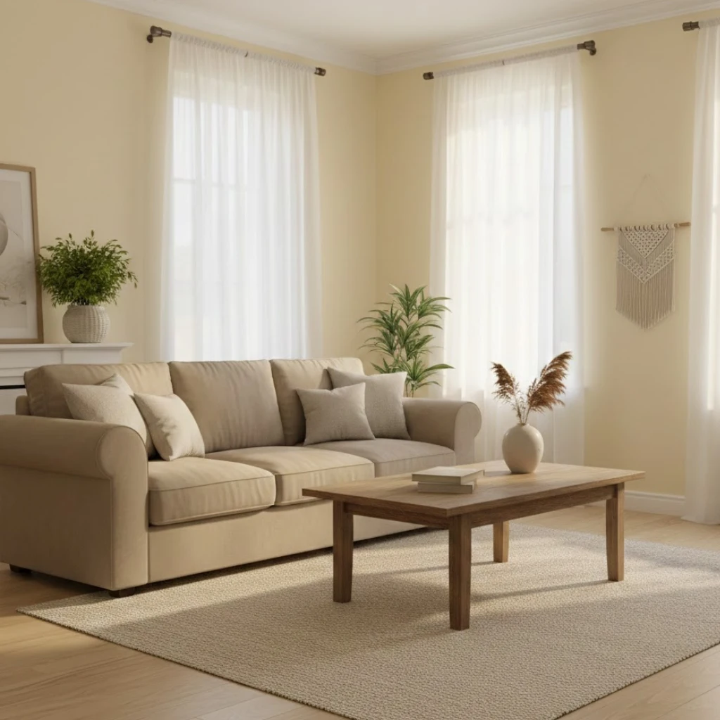 Soft pastel yellow living room walls with neutral furniture creating a bright and cozy space.