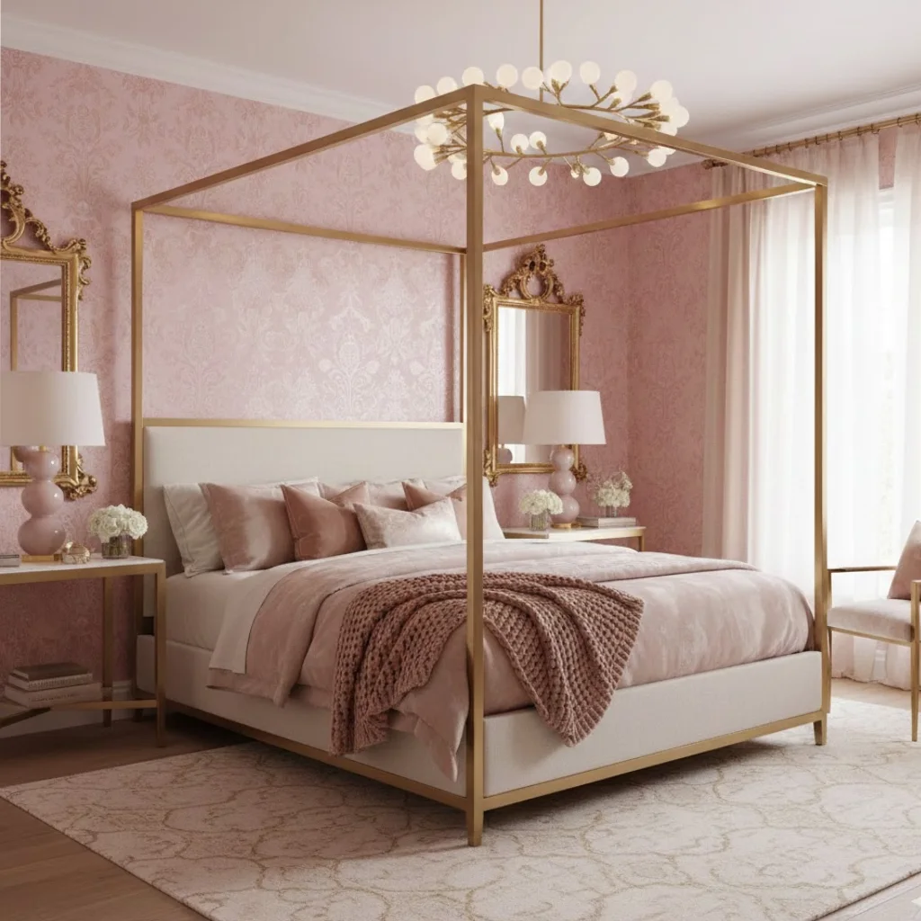 Soft pink wallpaper creating a chic and elegant bedroom decor with a modern aesthetic.