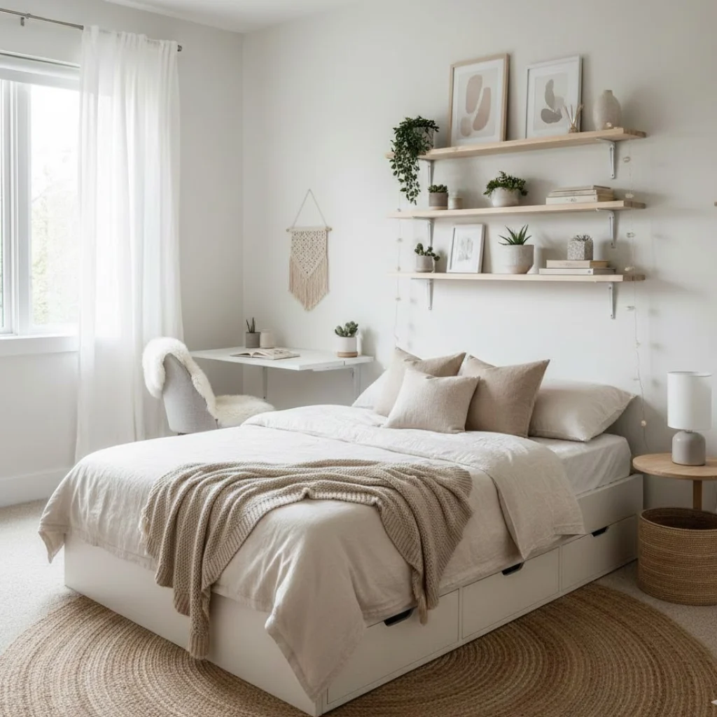 Space-saving bedroom setup showcasing cozy bedroom ideas small room aesthetic with smart storage solutions.