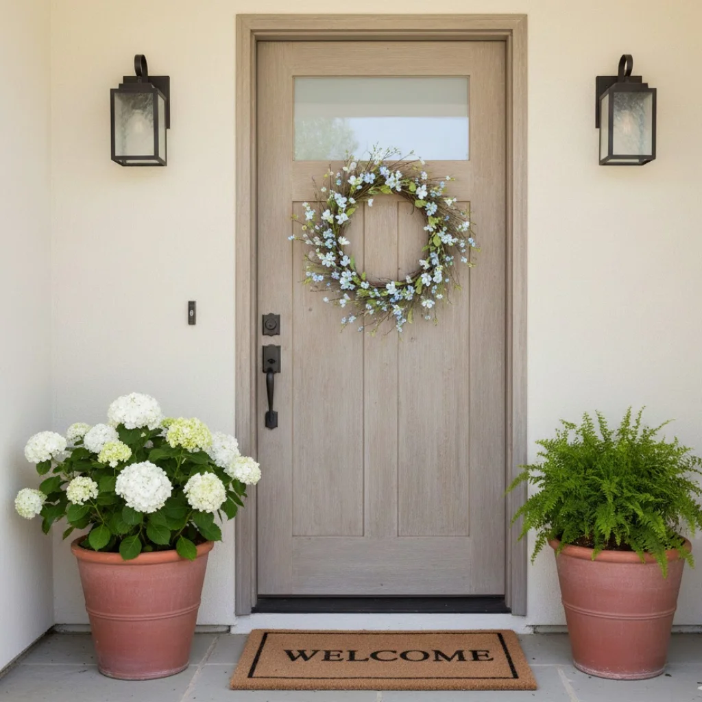 Spring wreath and plants decorating a home’s front door.