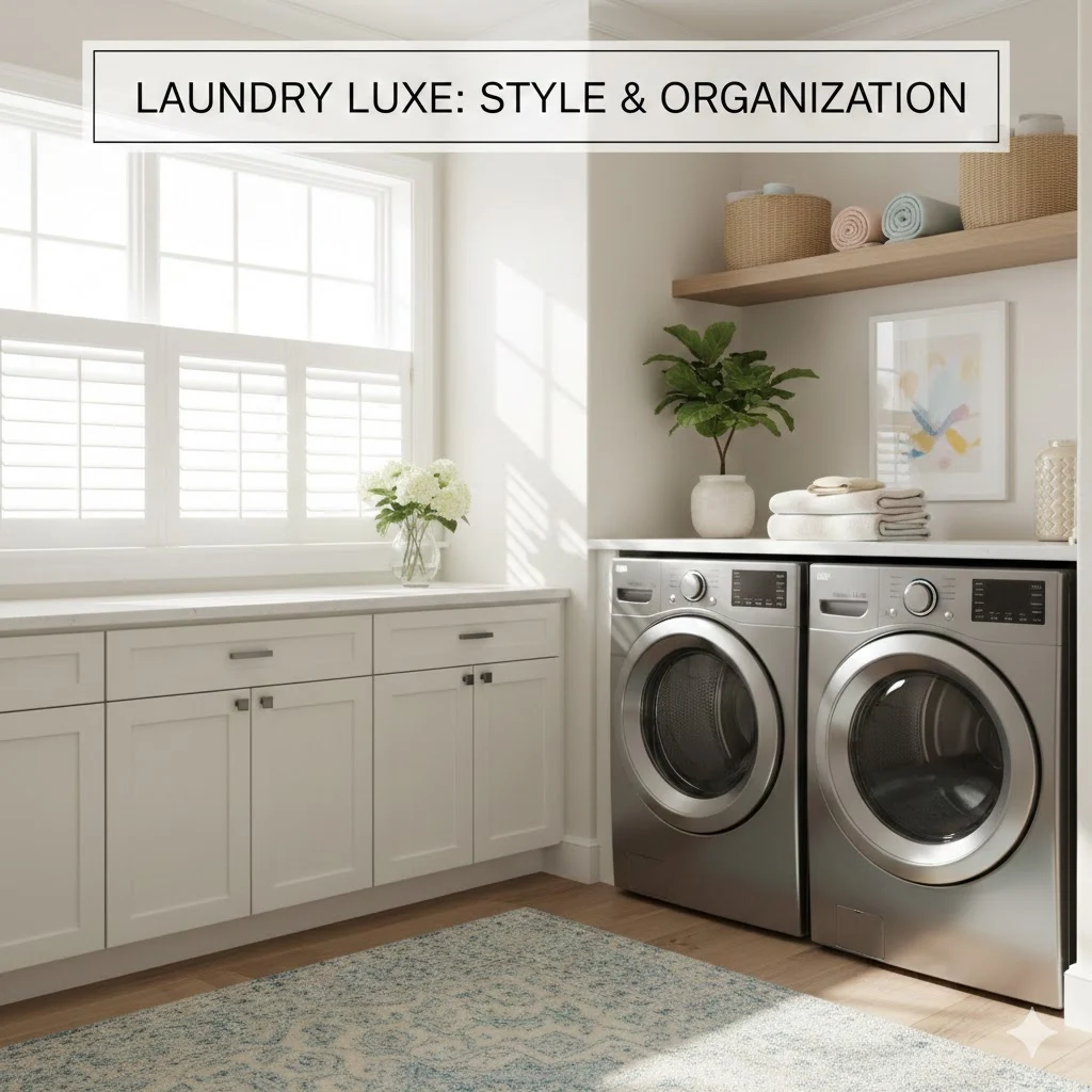 Stylish and functional modern laundry room with stacked washer and dryer, countertop folding area, storage cabinets, floating shelves, and decorative accents.