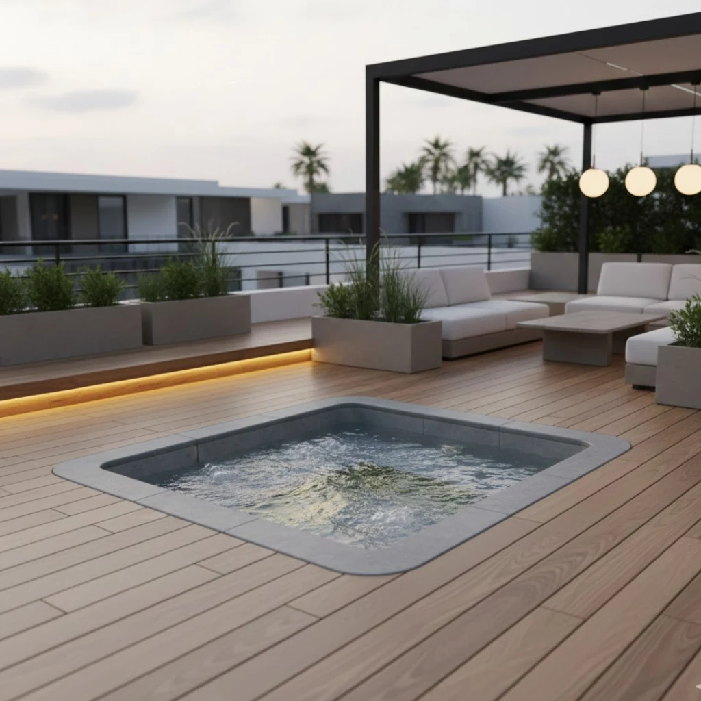 Sunken outdoor jacuzzi seamlessly built into a modern backyard deck with minimalist luxury design