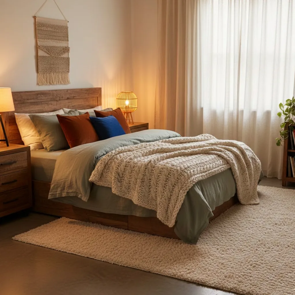 Textured cosy bedroom with knit blankets, velvet cushions, wooden furniture, and plush rugs for a warm inviting feel