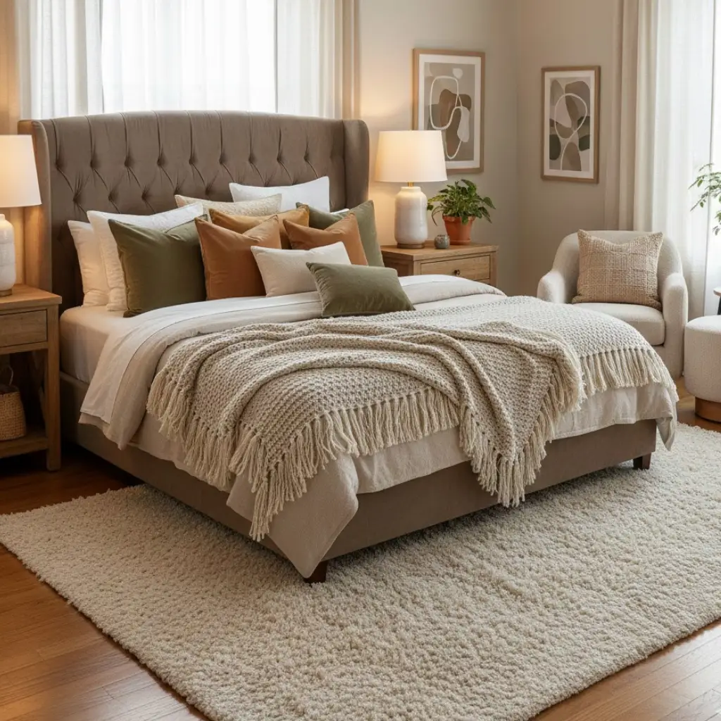 Textured decor bedroom highlighting cozy bedroom ideas decor with soft fabrics and layered materials.