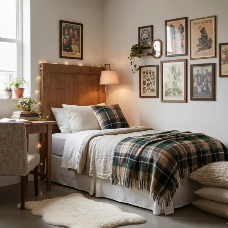 UK-inspired dorm room ideas featuring cozy bedding, warm lighting, and thoughtfully designed dorm room decor