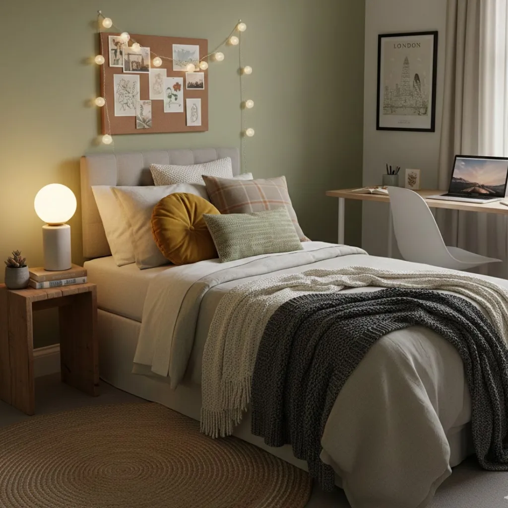 UK-inspired dorm room with layered bedding, cozy textures, and warm lighting creating a stylish dorm room aesthetic