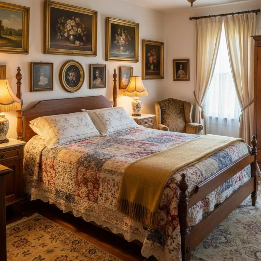 Vintage bedroom interior reflecting cozy bedroom ideas vintage with timeless charm and warmth.