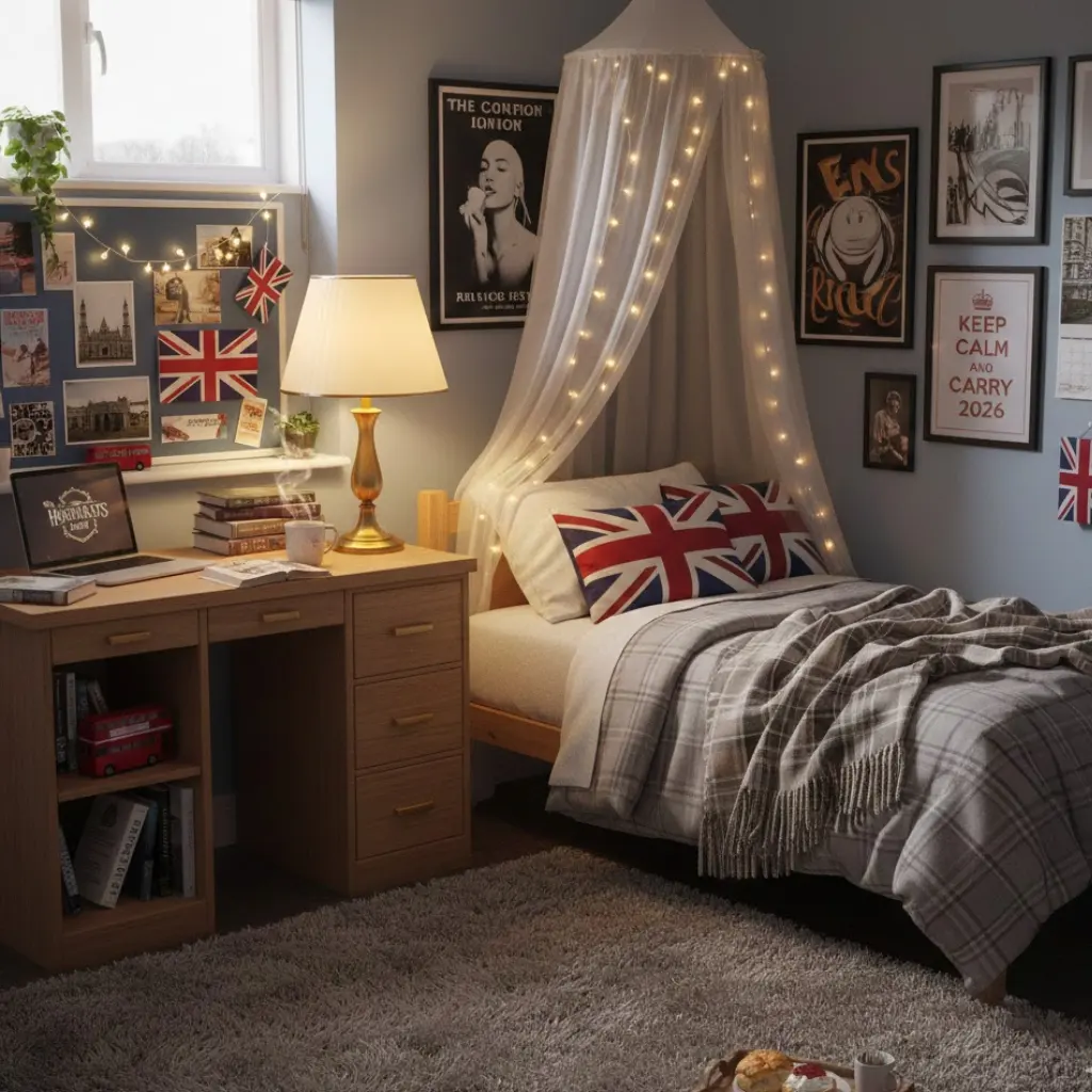 Warm lighting creating a cozy UK-inspired dorm room atmosphere