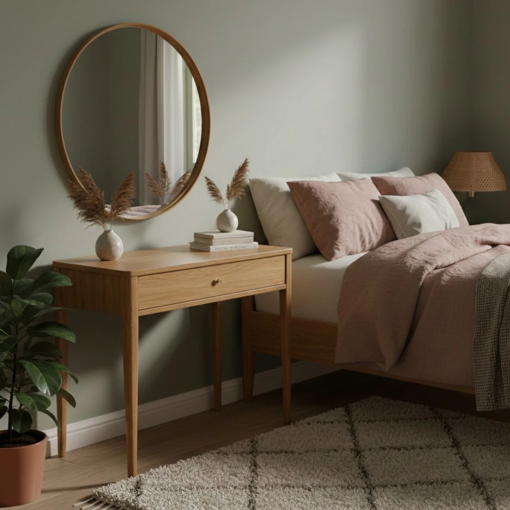 Wooden dressing table idea with warm tones and classic bedroom styling.