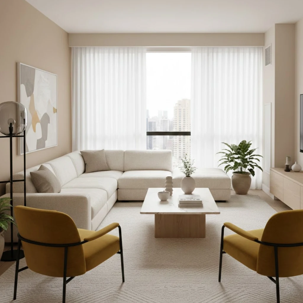 Yellow accent chair living room ideas with modern styling.