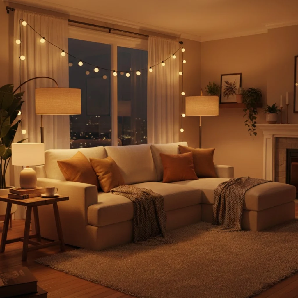 Yellow lighting living room ideas for a warm and cozy ambiance.