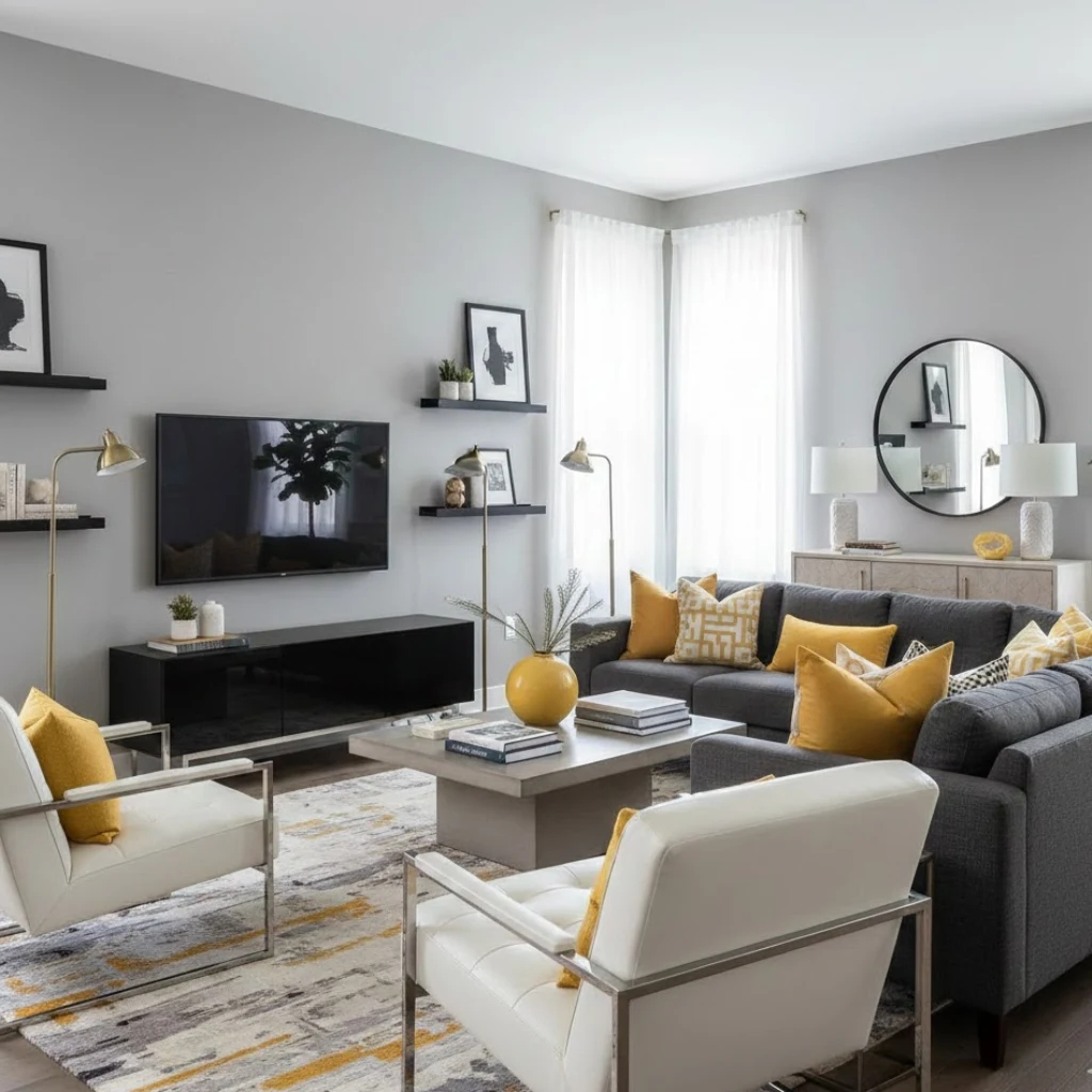 Yellow living room ideas grey and yellow decor combination.