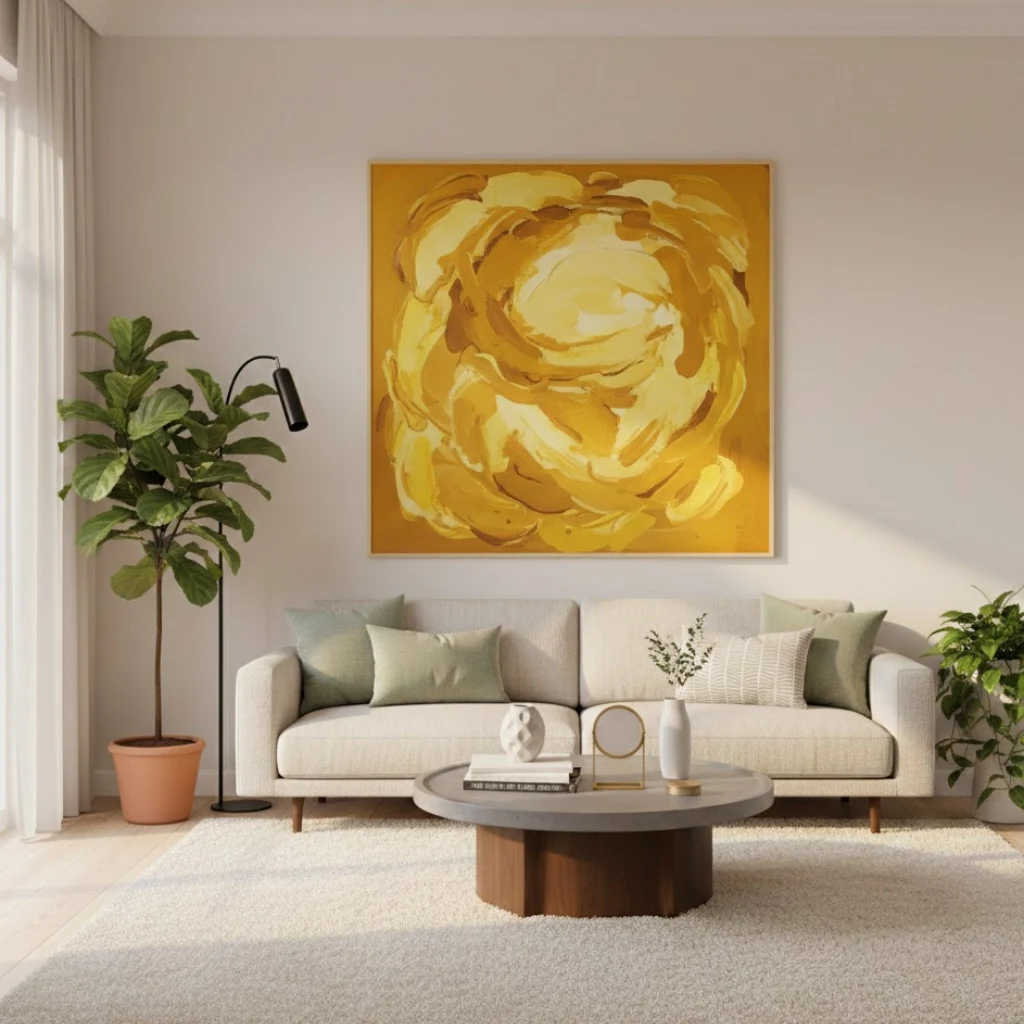 Yellow living room ideas wall decor using bold artwork. (1)