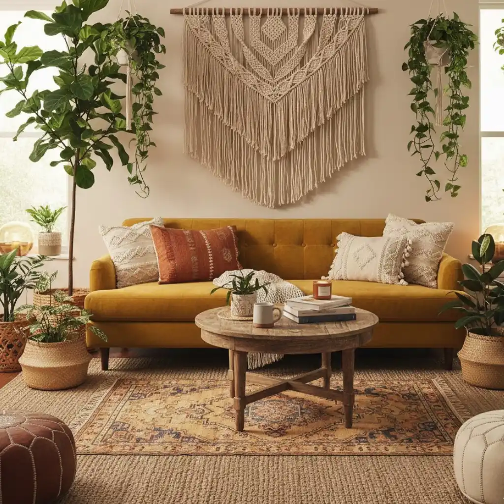 Yellow living room ideas wall decor using bold artwork.