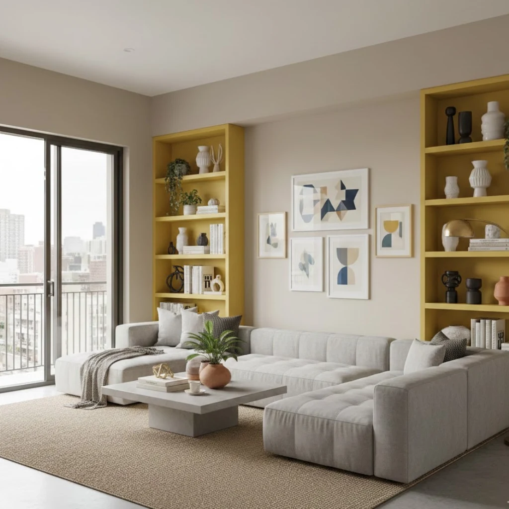 Yellow living room storage ideas with stylish shelves and cabinets.