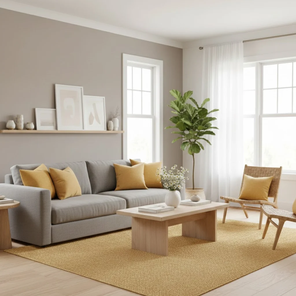 Yellow rug living room ideas adding warmth and contrast.