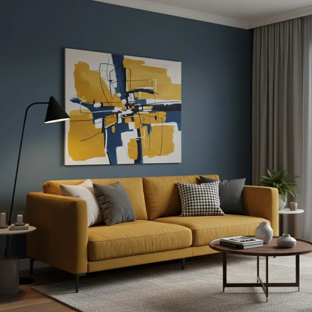 Yellow sofa blue wall living room ideas with bold contrast design.