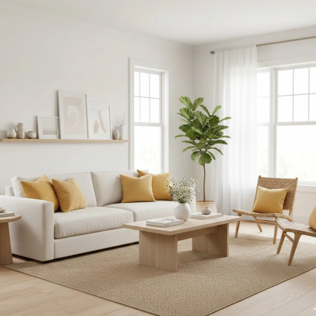 Yellow sofa living room ideas boho style with plants and textures.