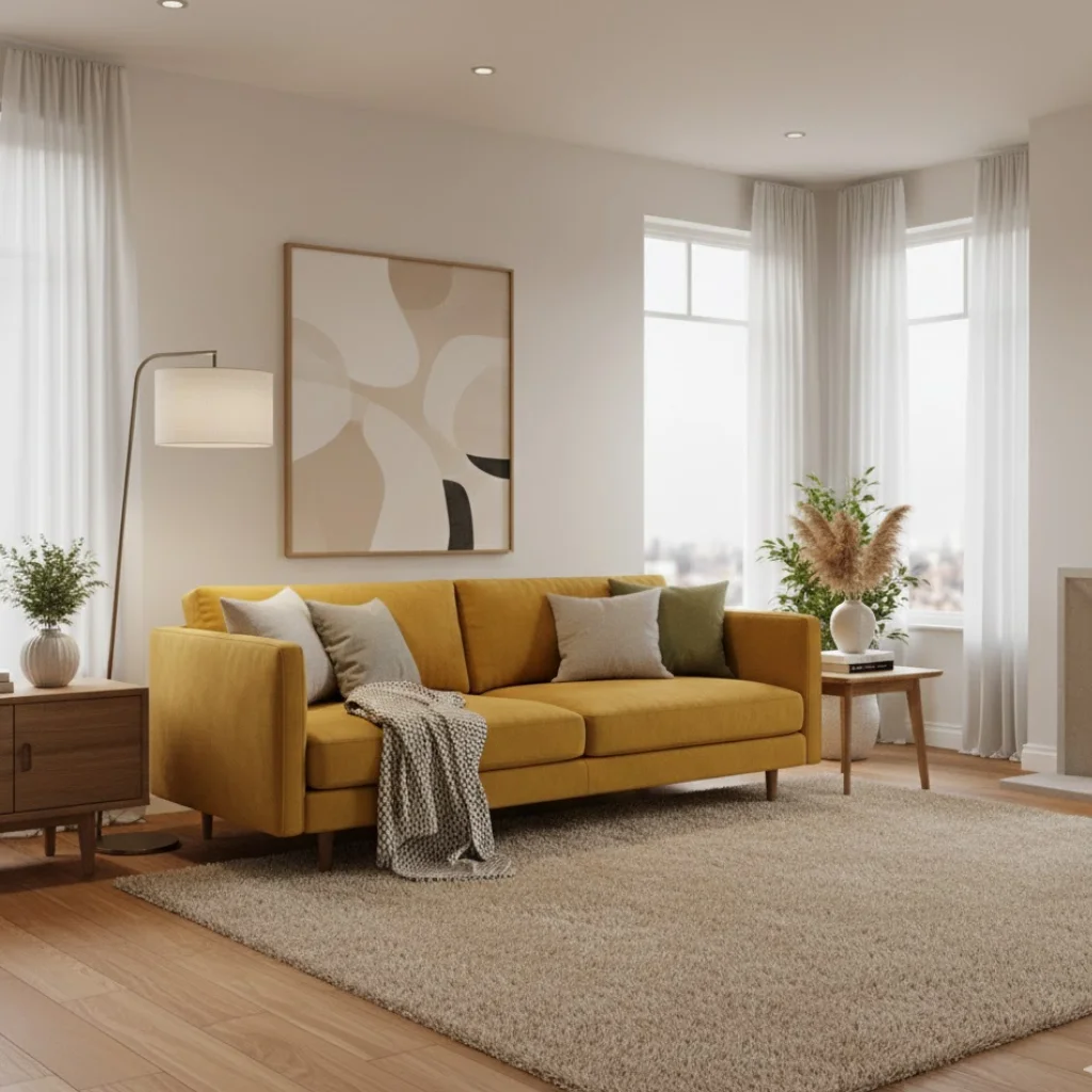 Yellow sofa living room ideas with neutral decor and modern styling.