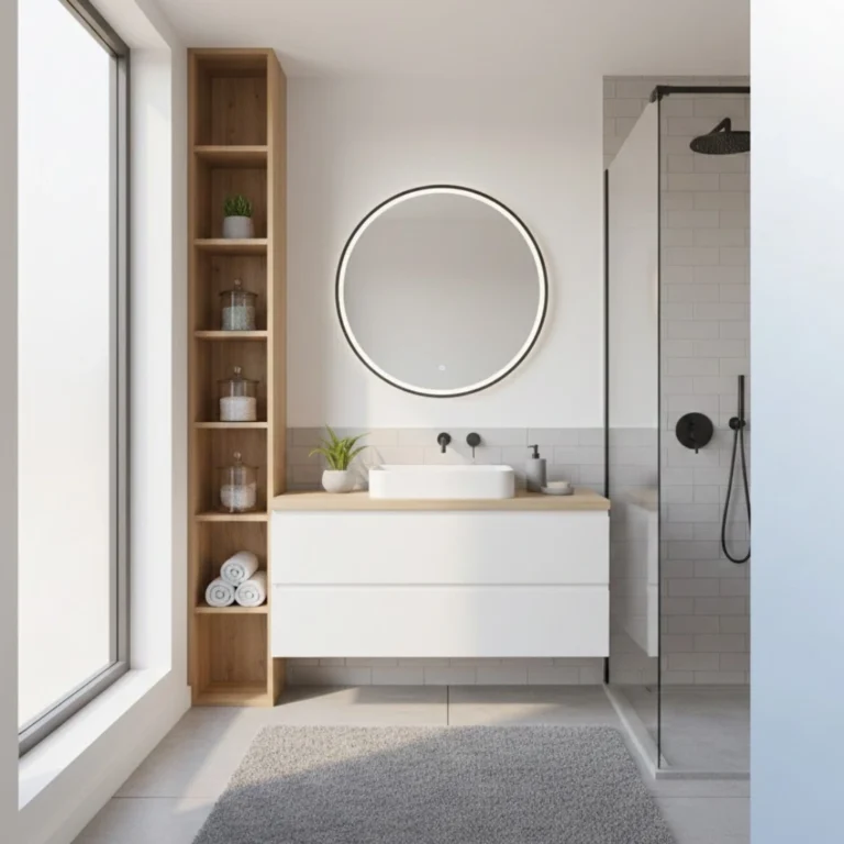 modern small bathroom showcasing bright and airy design, floating vanity, walk-in shower, and stylish storage solutions.
