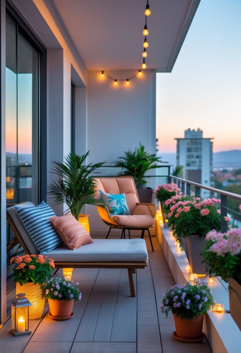 A modern apartment balcony with comfortable seating, potted plants, and soft lighting overlooking a cityscape.