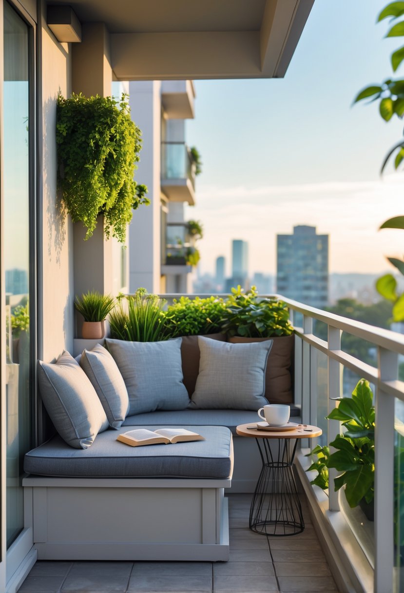 A cozy balcony reading nook with weather-resistant cushions and a small side table with a cup and book.
